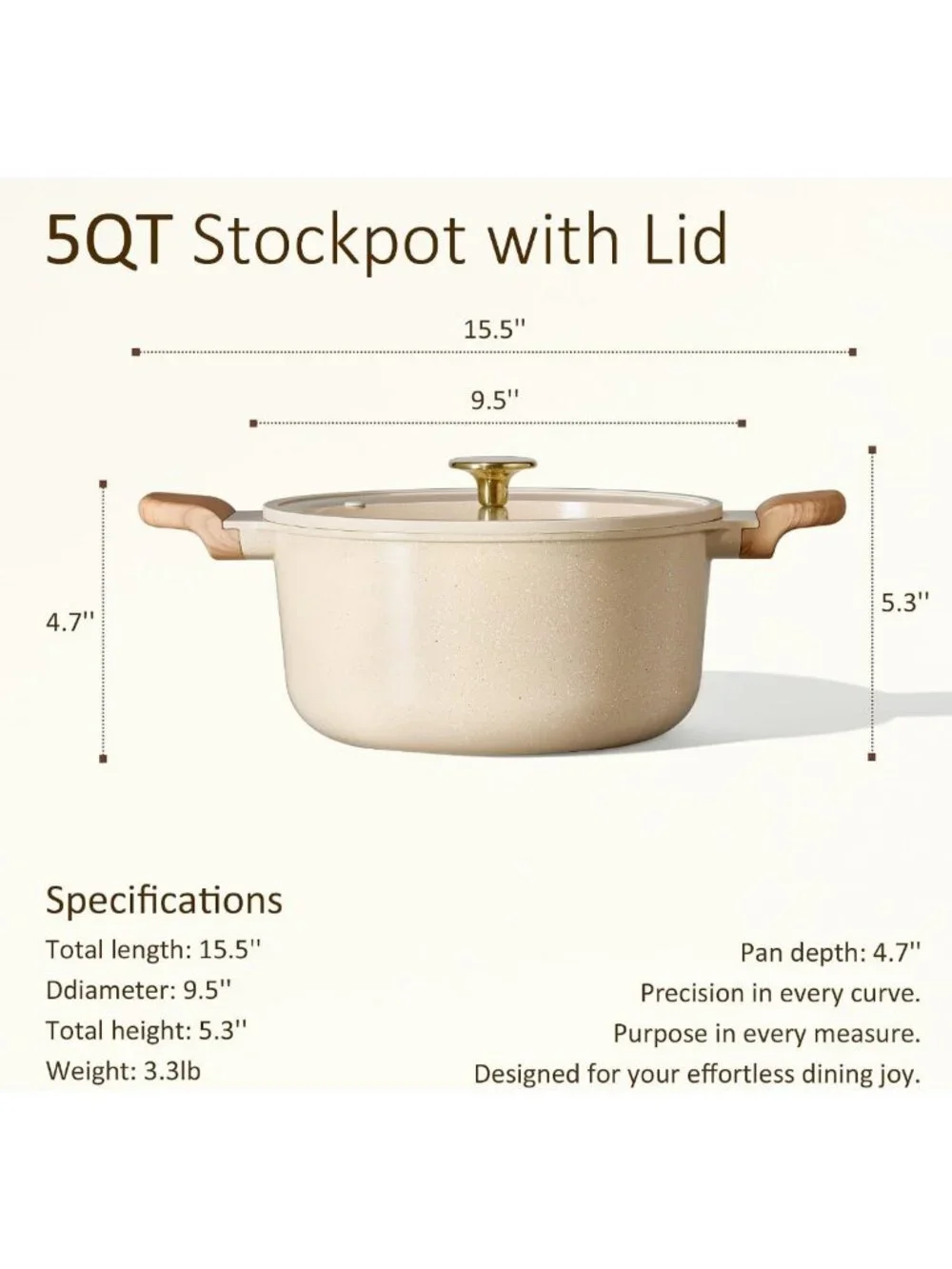 5 Qt Nonstick Stock Pot with Lid - Easy Clean Ceramic Casserole, PFOA Free